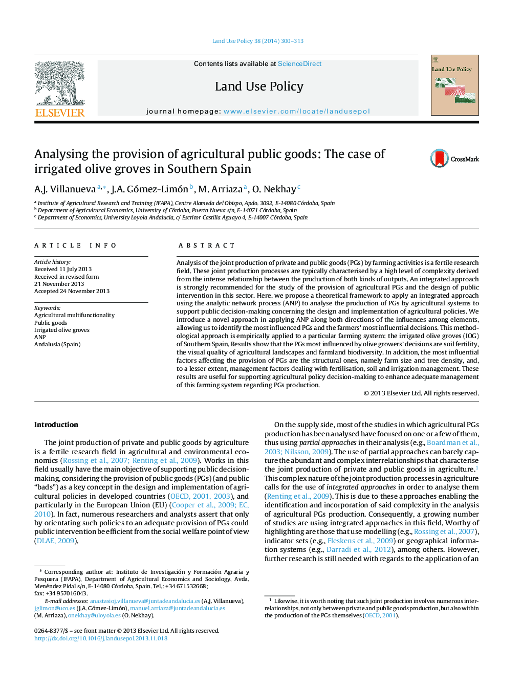 Analysing the provision of agricultural public goods: The case of irrigated olive groves in Southern Spain