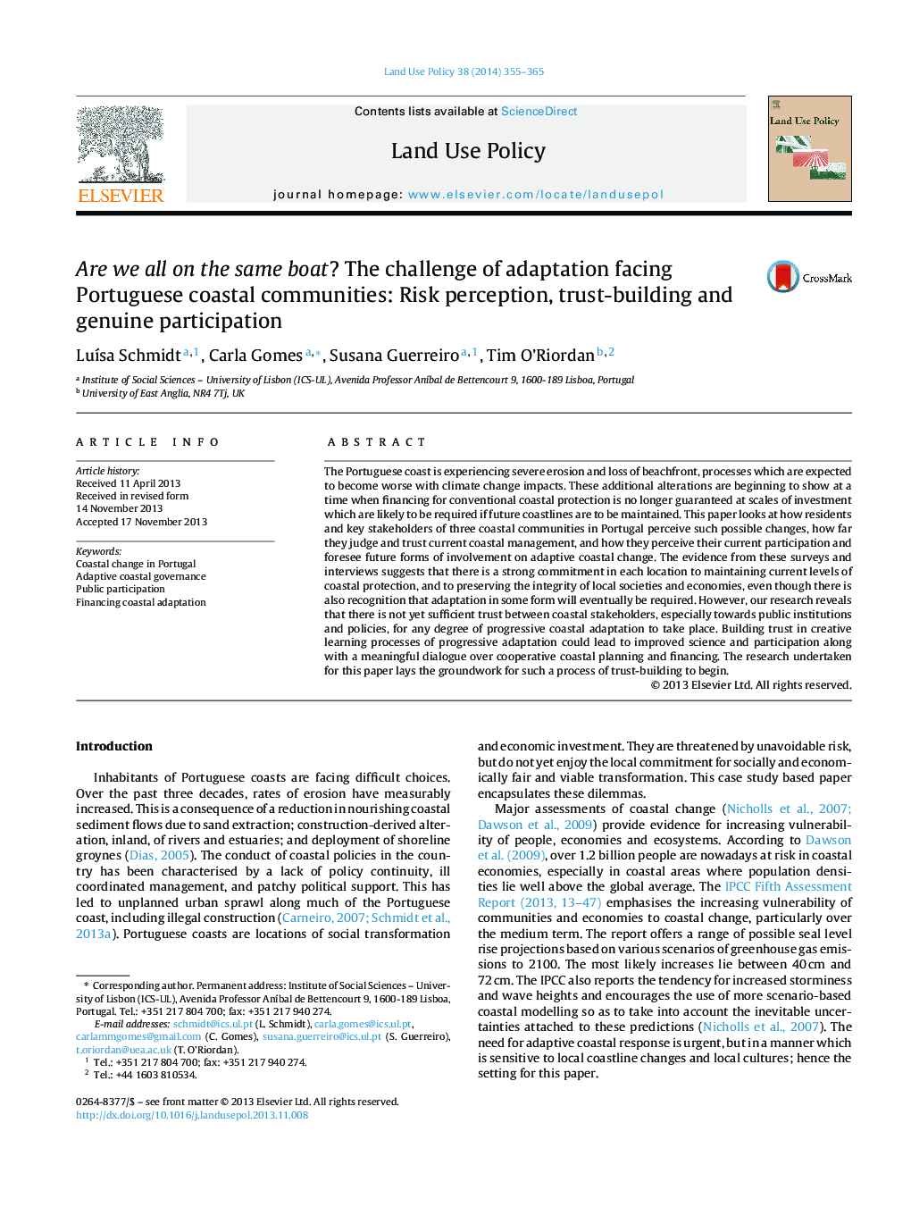 Are we all on the same boat? The challenge of adaptation facing Portuguese coastal communities: Risk perception, trust-building and genuine participation