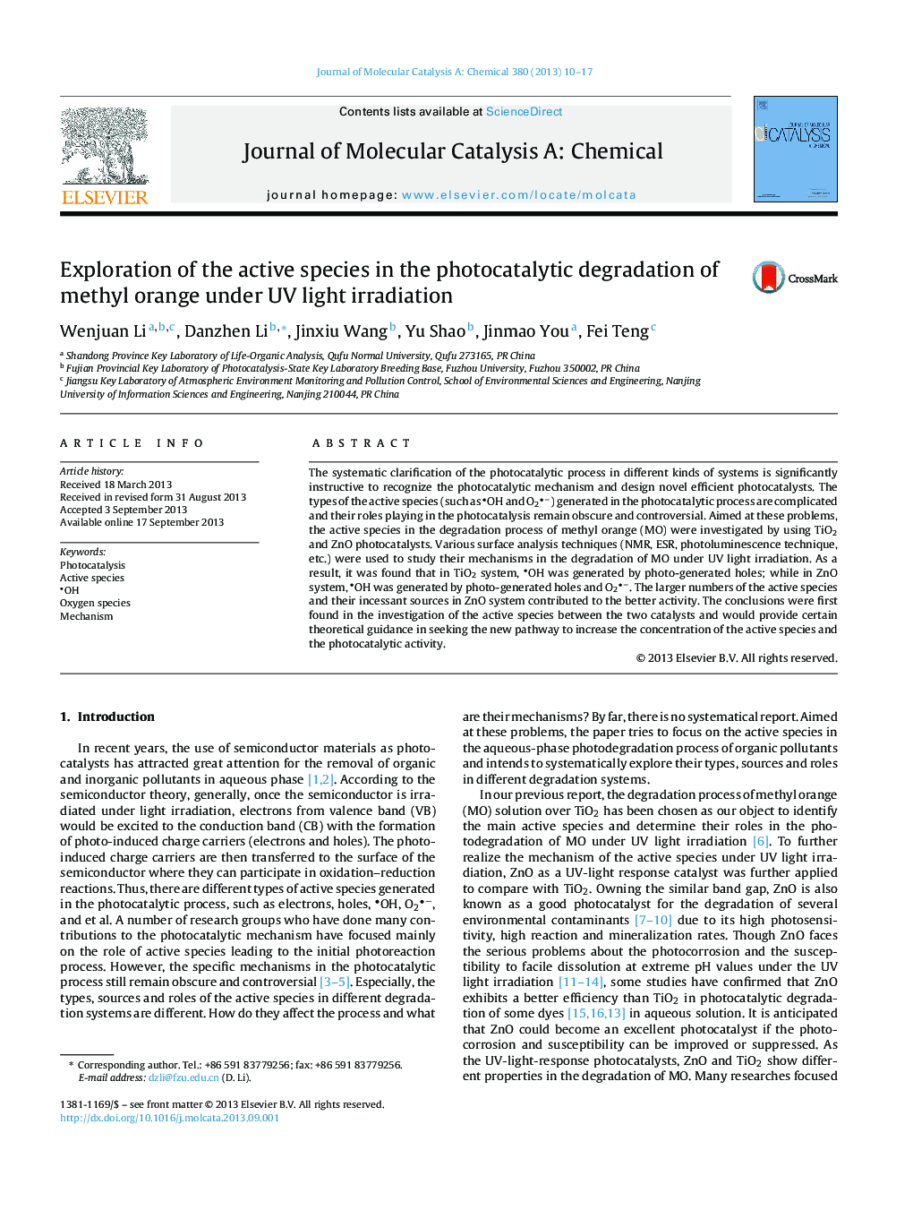 Exploration of the active species in the photocatalytic degradation of methyl orange under UV light irradiation