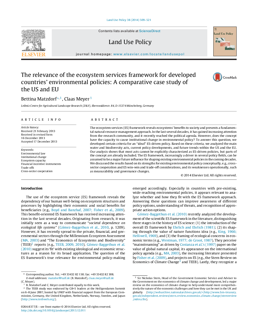 The relevance of the ecosystem services framework for developed countries' environmental policies: A comparative case study of the US and EU