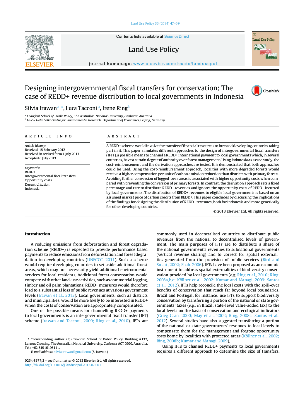 Designing intergovernmental fiscal transfers for conservation: The case of REDD+ revenue distribution to local governments in Indonesia