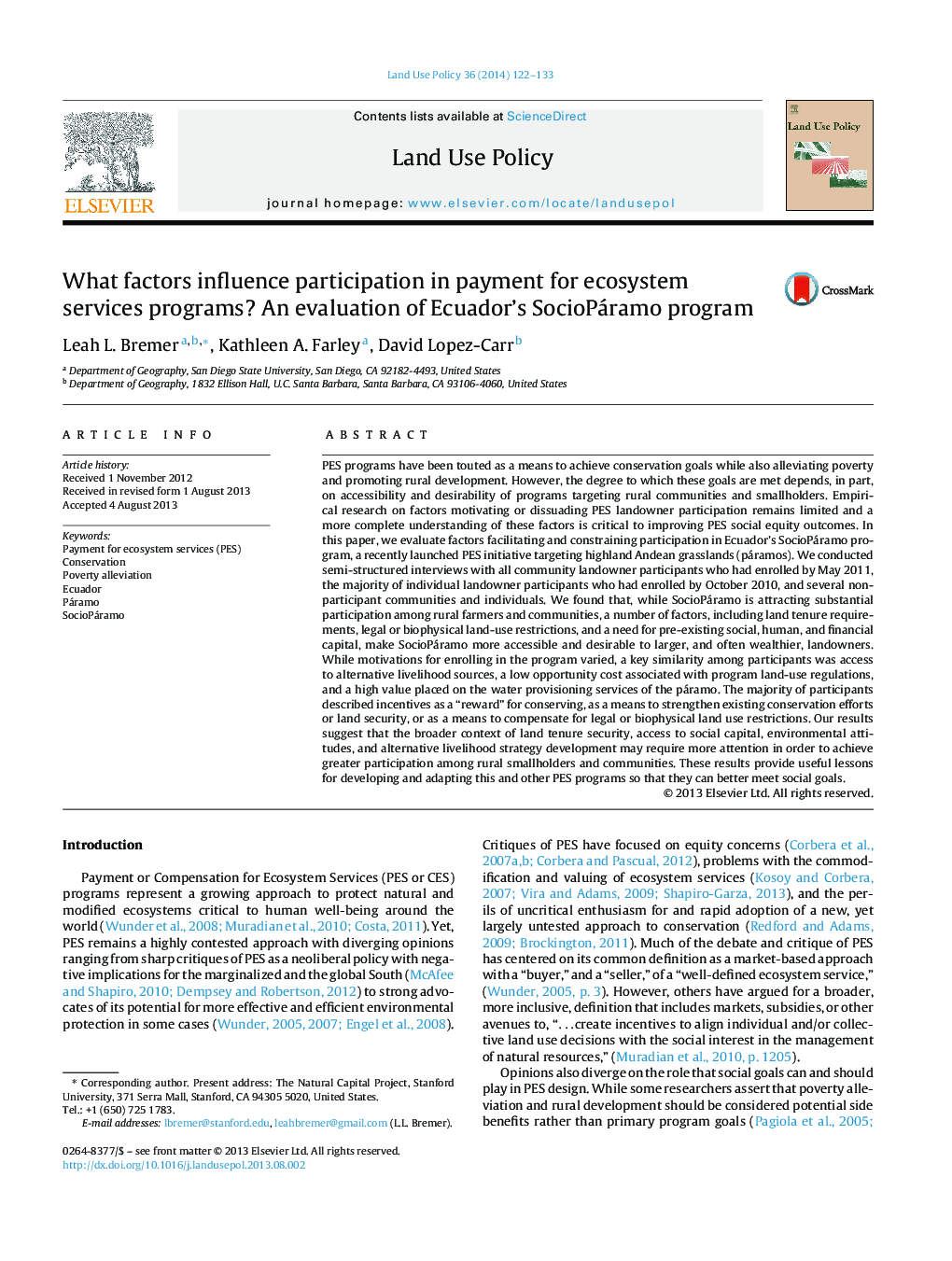 What factors influence participation in payment for ecosystem services programs? An evaluation of Ecuador's SocioPáramo program