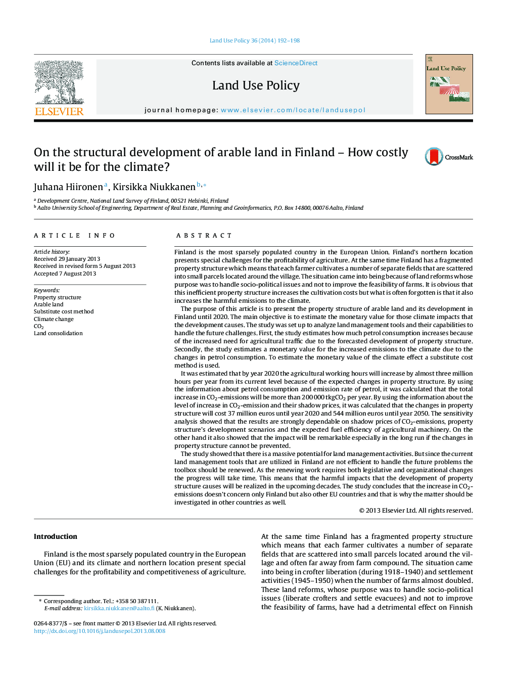 On the structural development of arable land in Finland - How costly will it be for the climate?