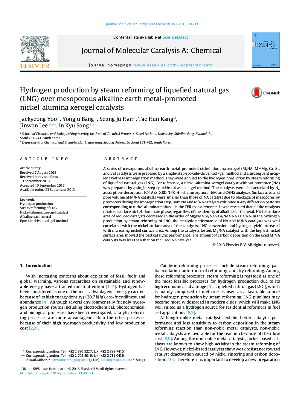 Hydrogen production by steam reforming of liquefied natural gas (LNG) over mesoporous alkaline earth metal-promoted nickel-alumina xerogel catalysts