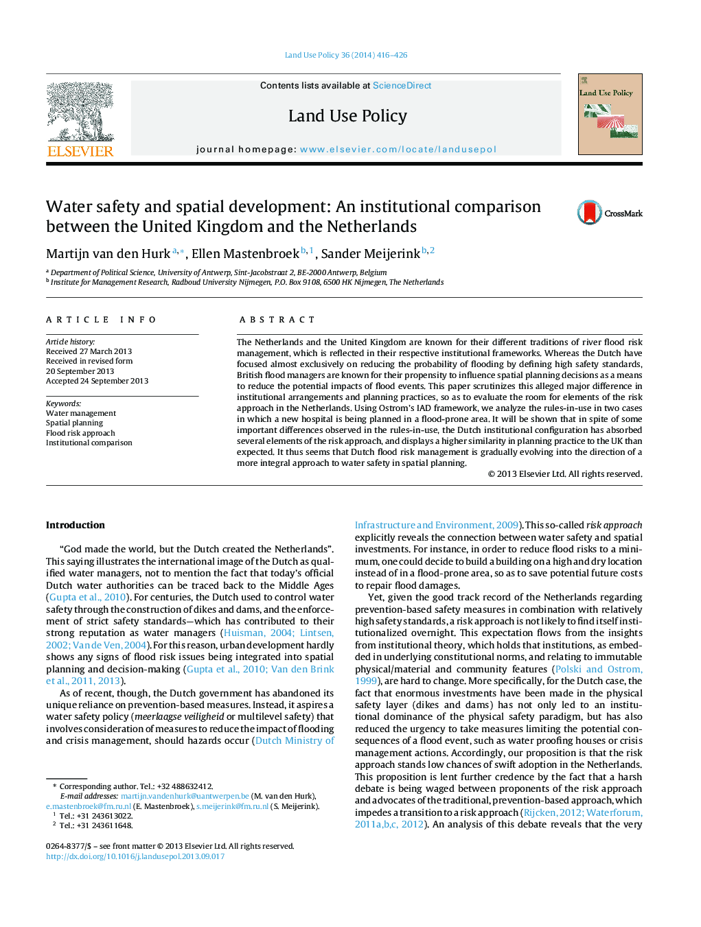 Water safety and spatial development: An institutional comparison between the United Kingdom and the Netherlands