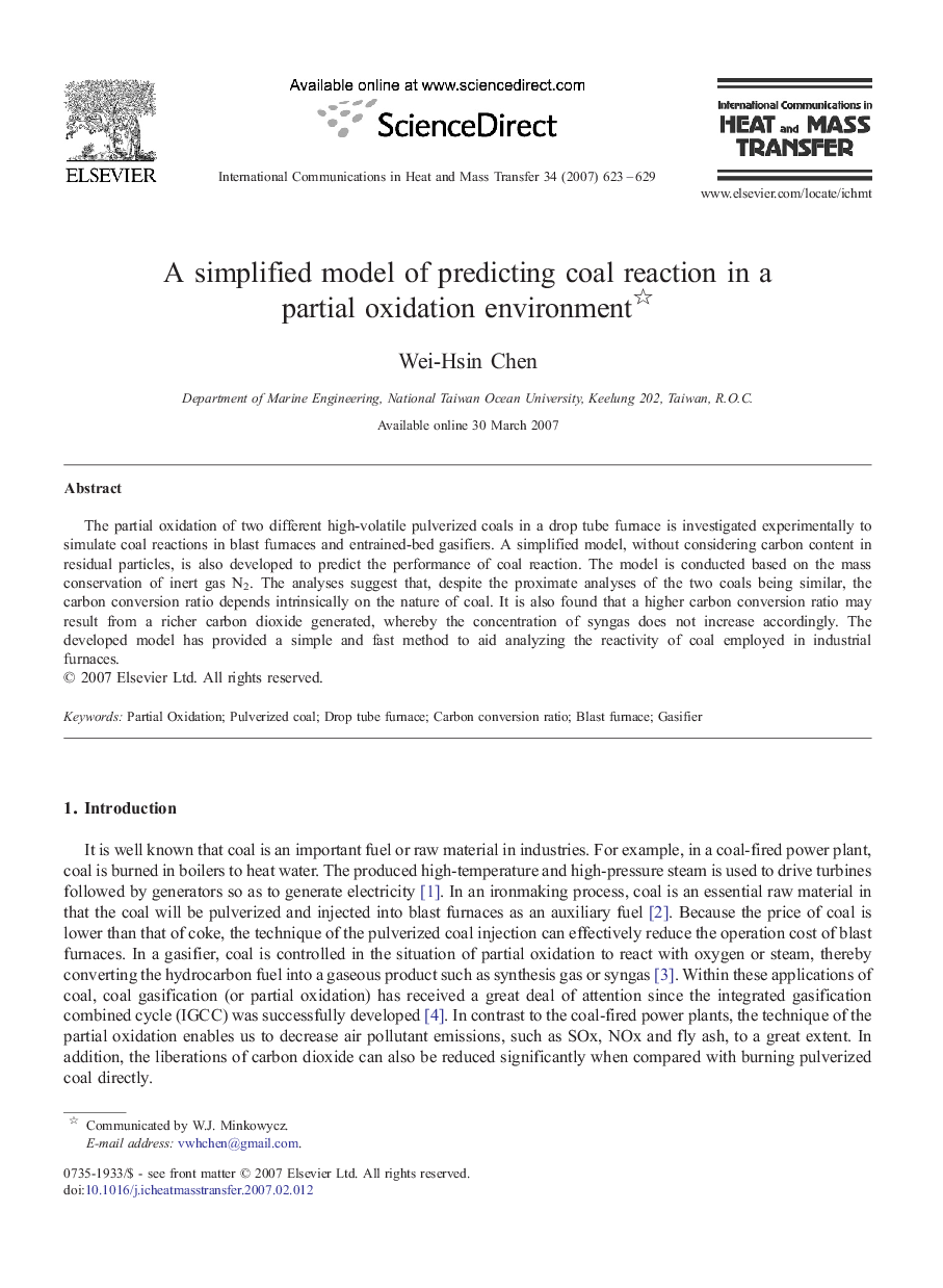 A simplified model of predicting coal reaction in a partial oxidation environment 