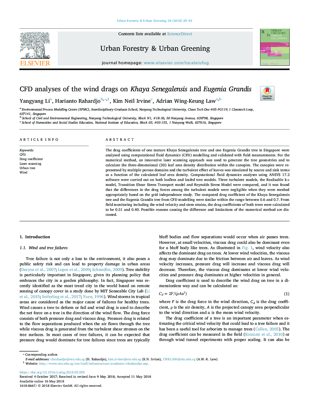 CFD analyses of the wind drags on Khaya Senegalensis and Eugenia Grandis