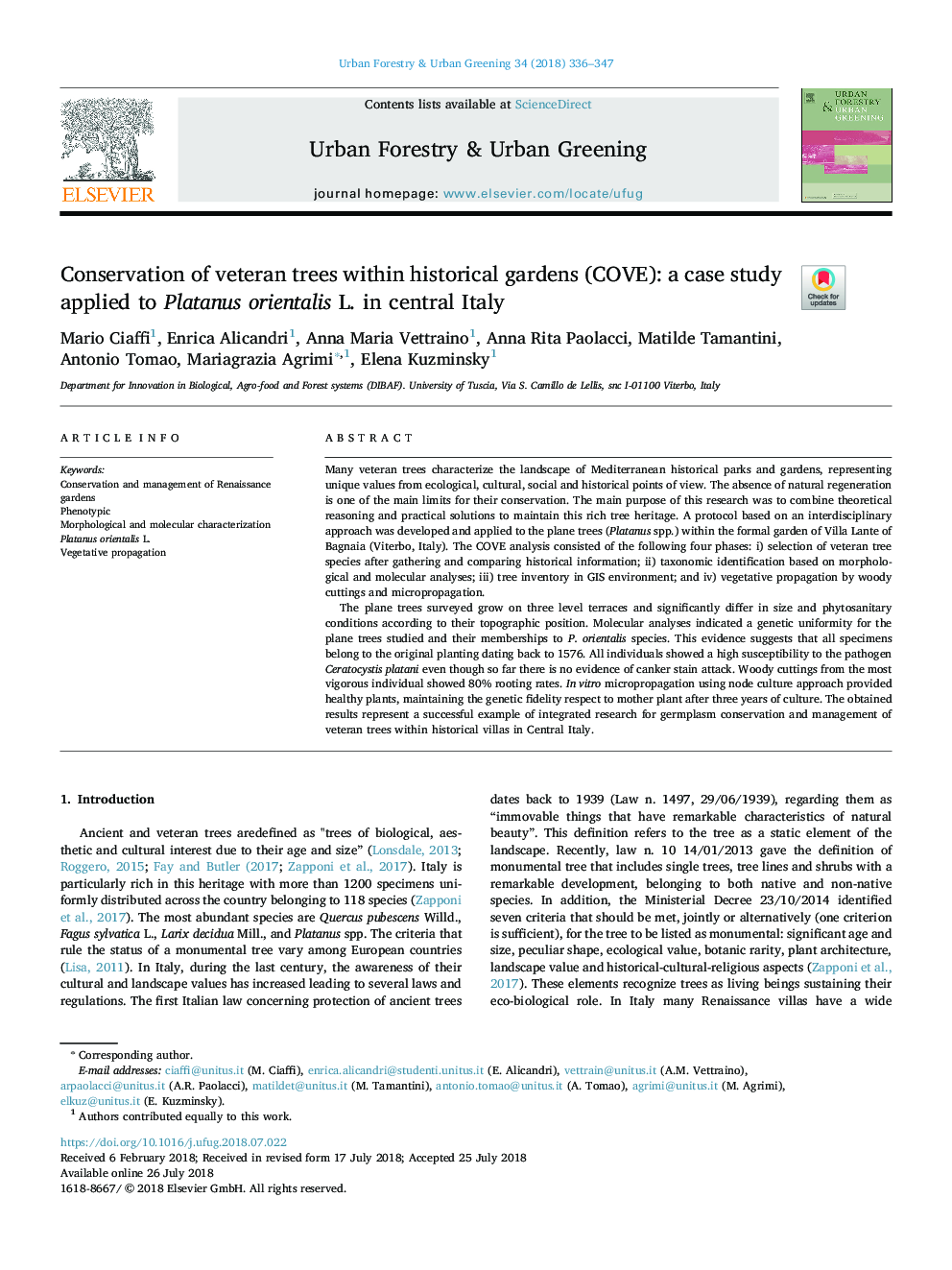 Conservation of veteran trees within historical gardens (COVE): a case study applied to Platanus orientalis L. in central Italy