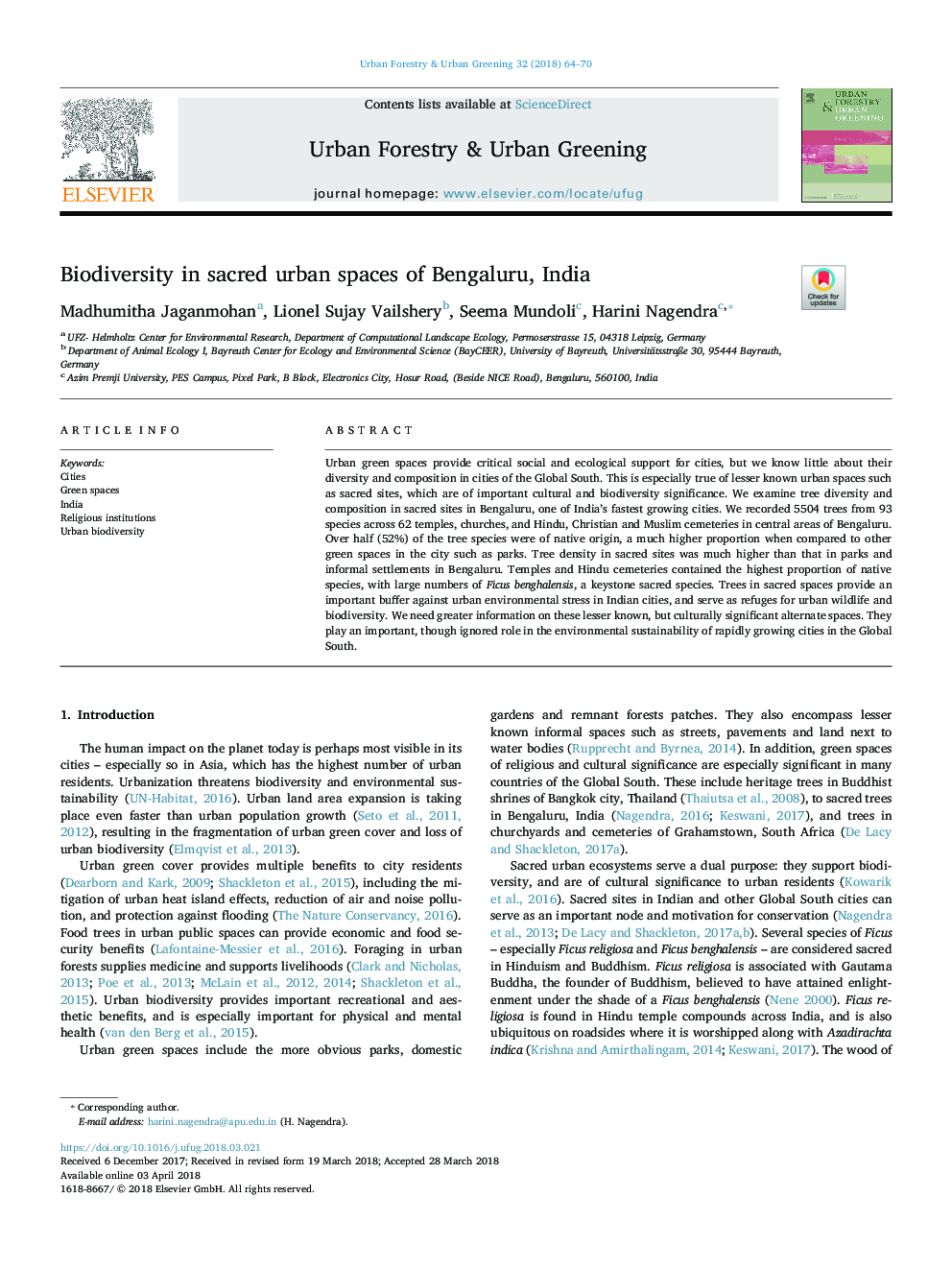 Biodiversity in sacred urban spaces of Bengaluru, India