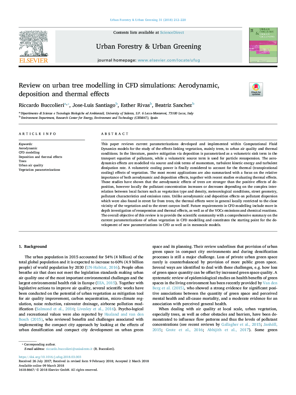 Review on urban tree modelling in CFD simulations: Aerodynamic, deposition and thermal effects