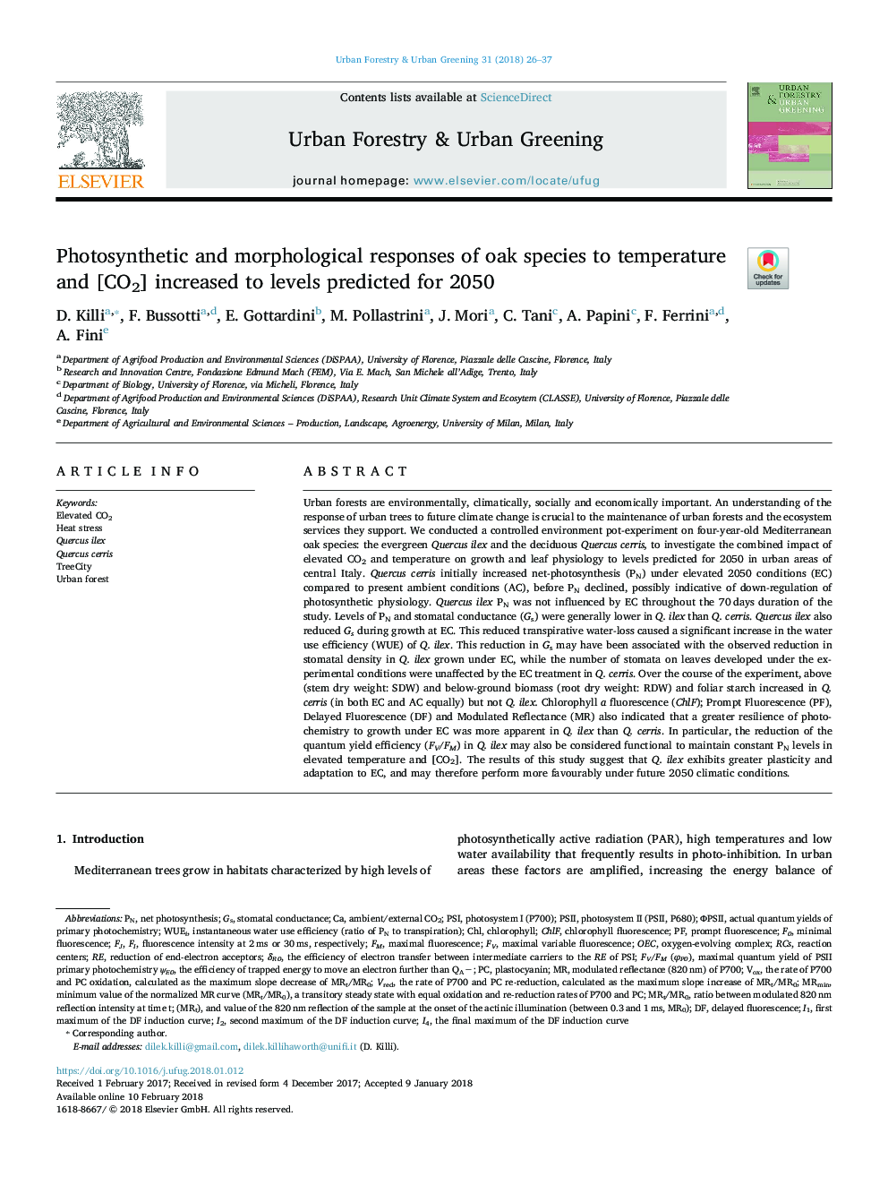 Photosynthetic and morphological responses of oak species to temperature and [CO2] increased to levels predicted for 2050