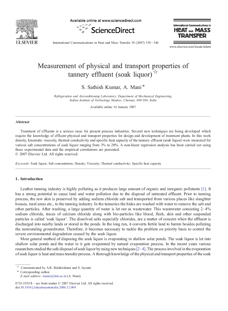 Measurement of physical and transport properties of tannery effluent (soak liquor) 