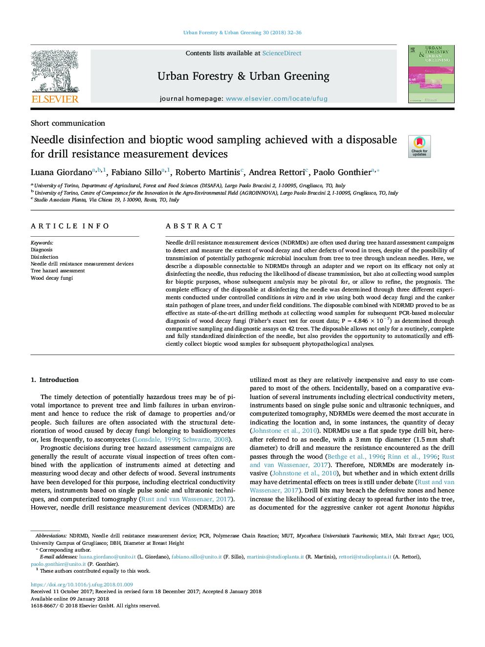 Needle disinfection and bioptic wood sampling achieved with a disposable for drill resistance measurement devices