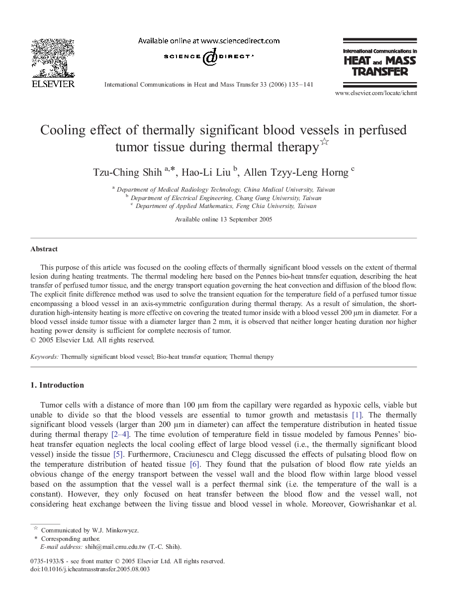 Cooling effect of thermally significant blood vessels in perfused tumor tissue during thermal therapy 