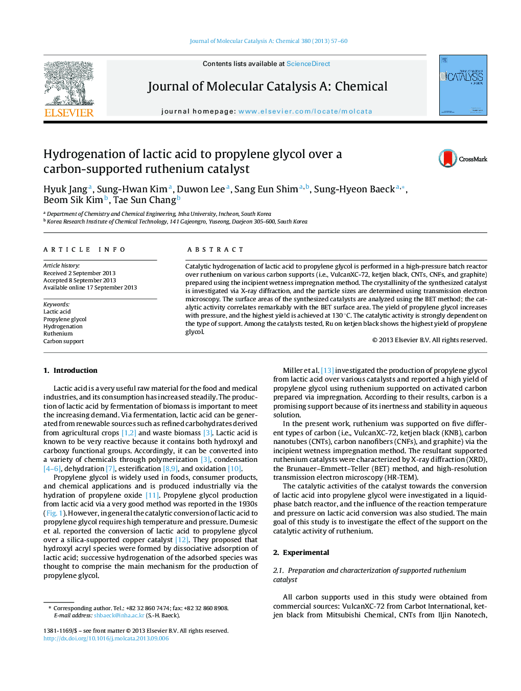 Hydrogenation of lactic acid to propylene glycol over a carbon-supported ruthenium catalyst