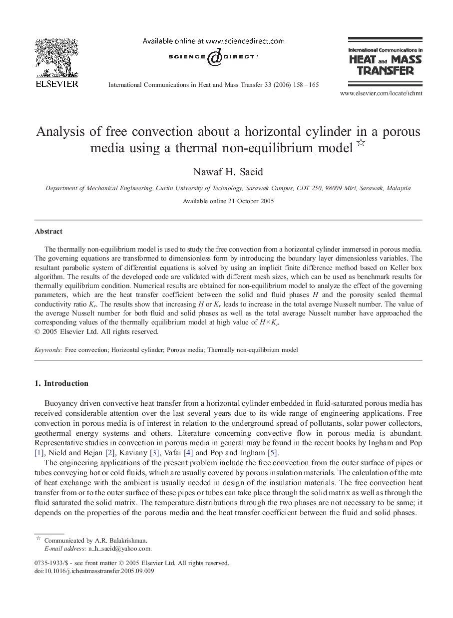 Analysis of free convection about a horizontal cylinder in a porous media using a thermal non-equilibrium model