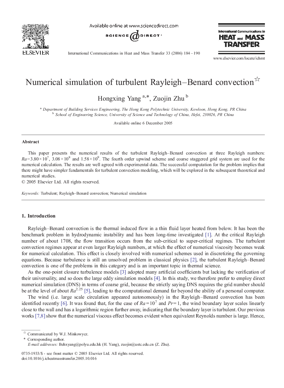 Numerical simulation of turbulent Rayleigh–Benard convection 