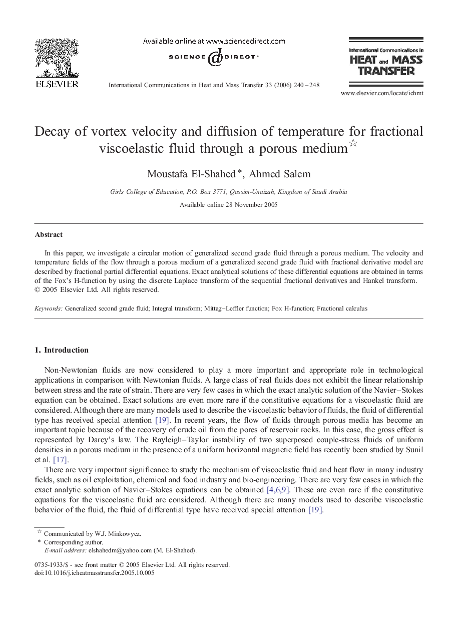 Decay of vortex velocity and diffusion of temperature for fractional viscoelastic fluid through a porous medium