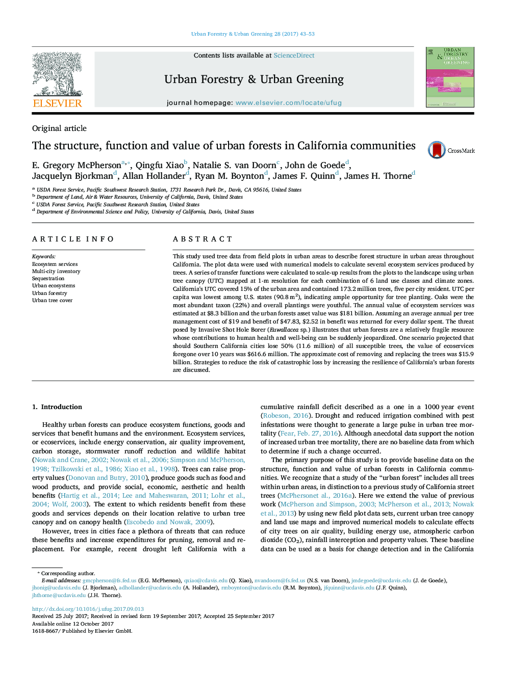 The structure, function and value of urban forests in California communities