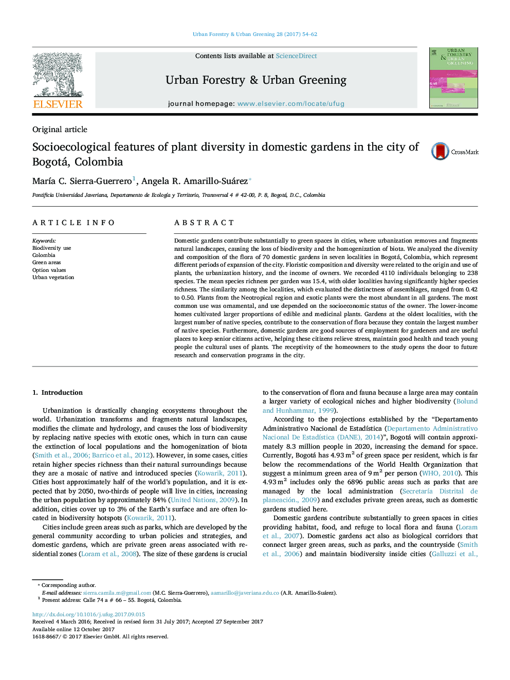 Socioecological features of plant diversity in domestic gardens in the city of Bogotá, Colombia