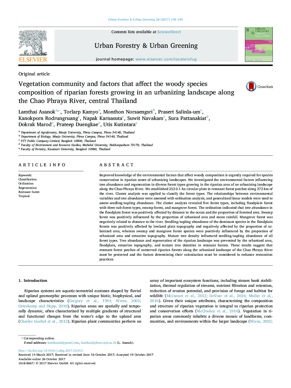 Vegetation community and factors that affect the woody species composition of riparian forests growing in an urbanizing landscape along the Chao Phraya River, central Thailand