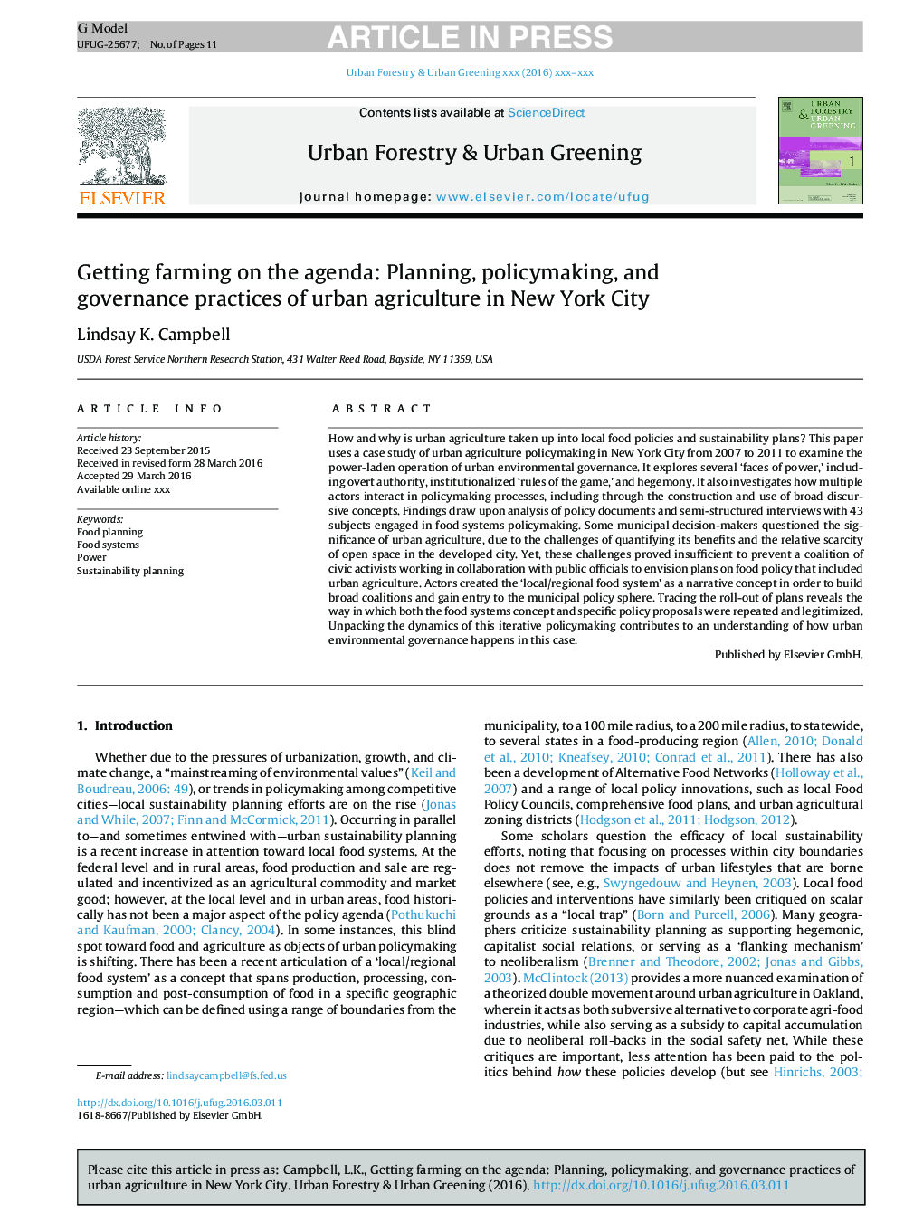 Getting farming on the agenda: Planning, policymaking, and governance practices of urban agriculture in New York City