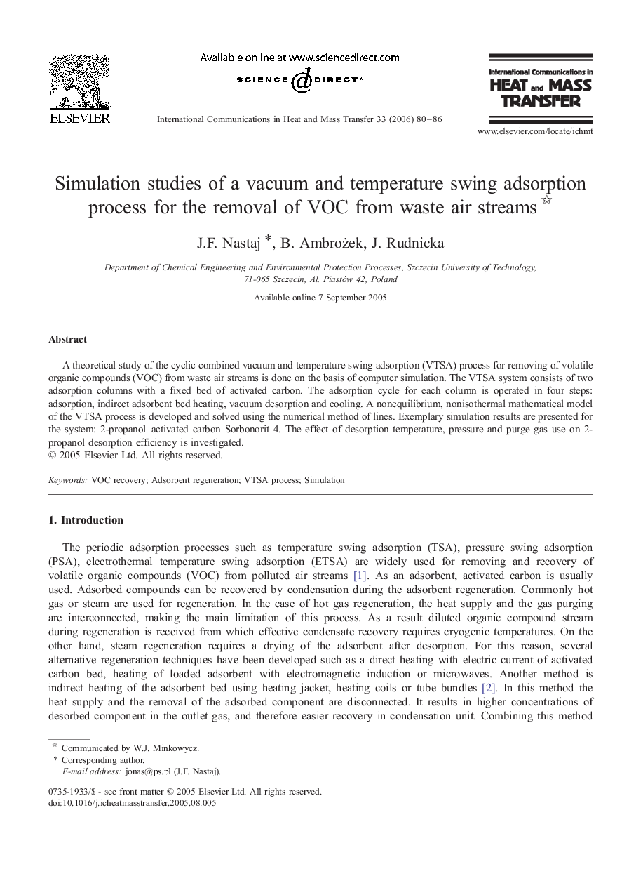 Simulation studies of a vacuum and temperature swing adsorption process for the removal of VOC from waste air streams 