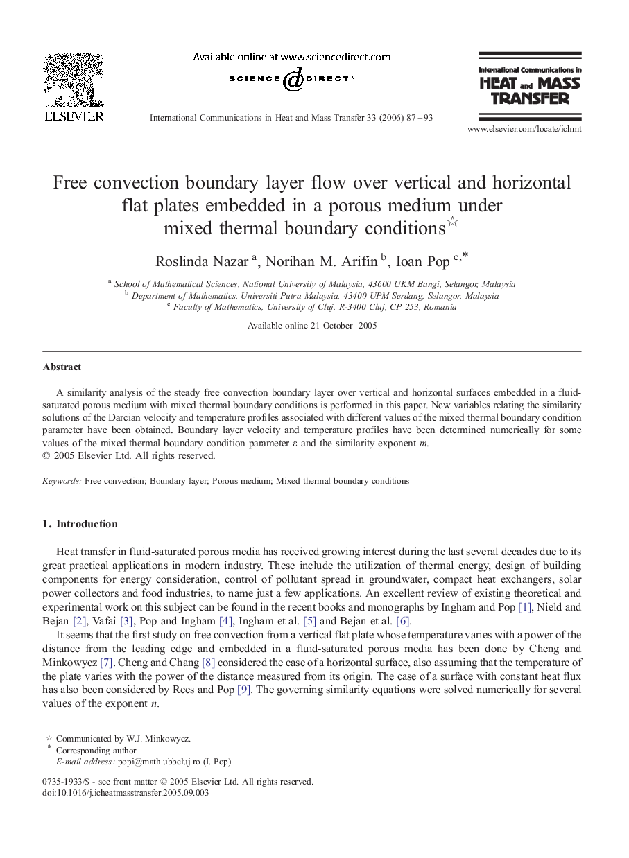 Free convection boundary layer flow over vertical and horizontal flat plates embedded in a porous medium under mixed thermal boundary conditions 