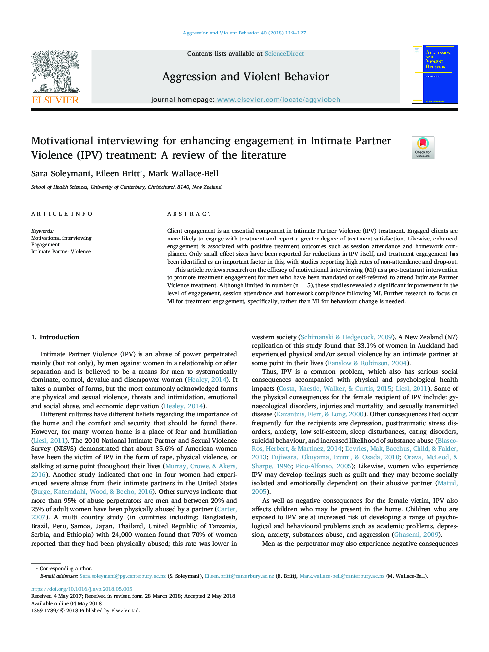 Motivational interviewing for enhancing engagement in Intimate Partner Violence (IPV) treatment: A review of the literature