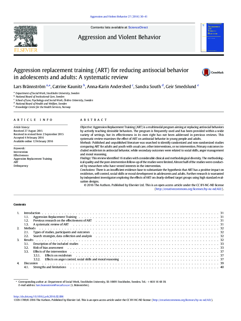 Aggression replacement training (ART) for reducing antisocial behavior in adolescents and adults: A systematic review