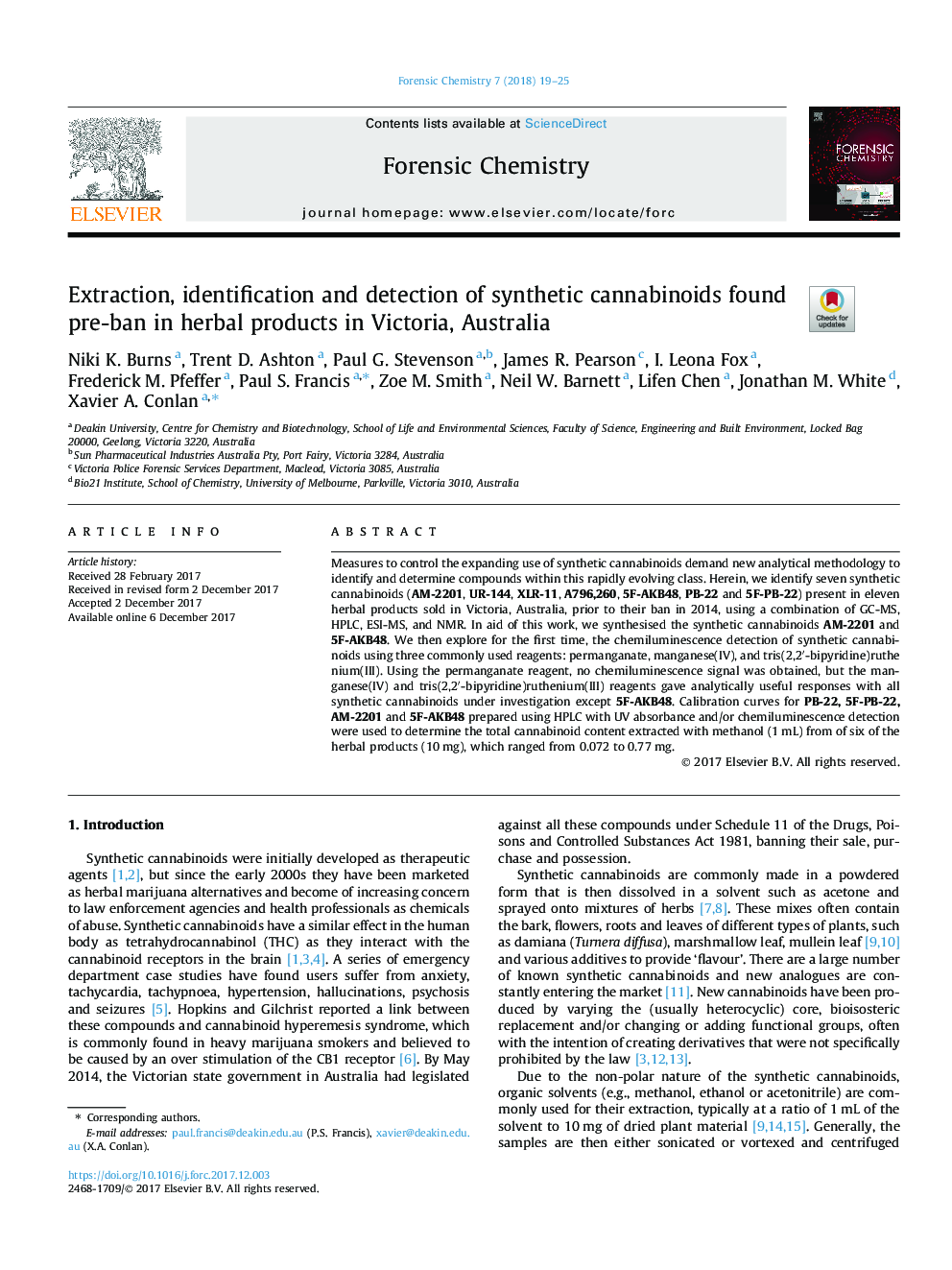 Extraction, identification and detection of synthetic cannabinoids found pre-ban in herbal products in Victoria, Australia