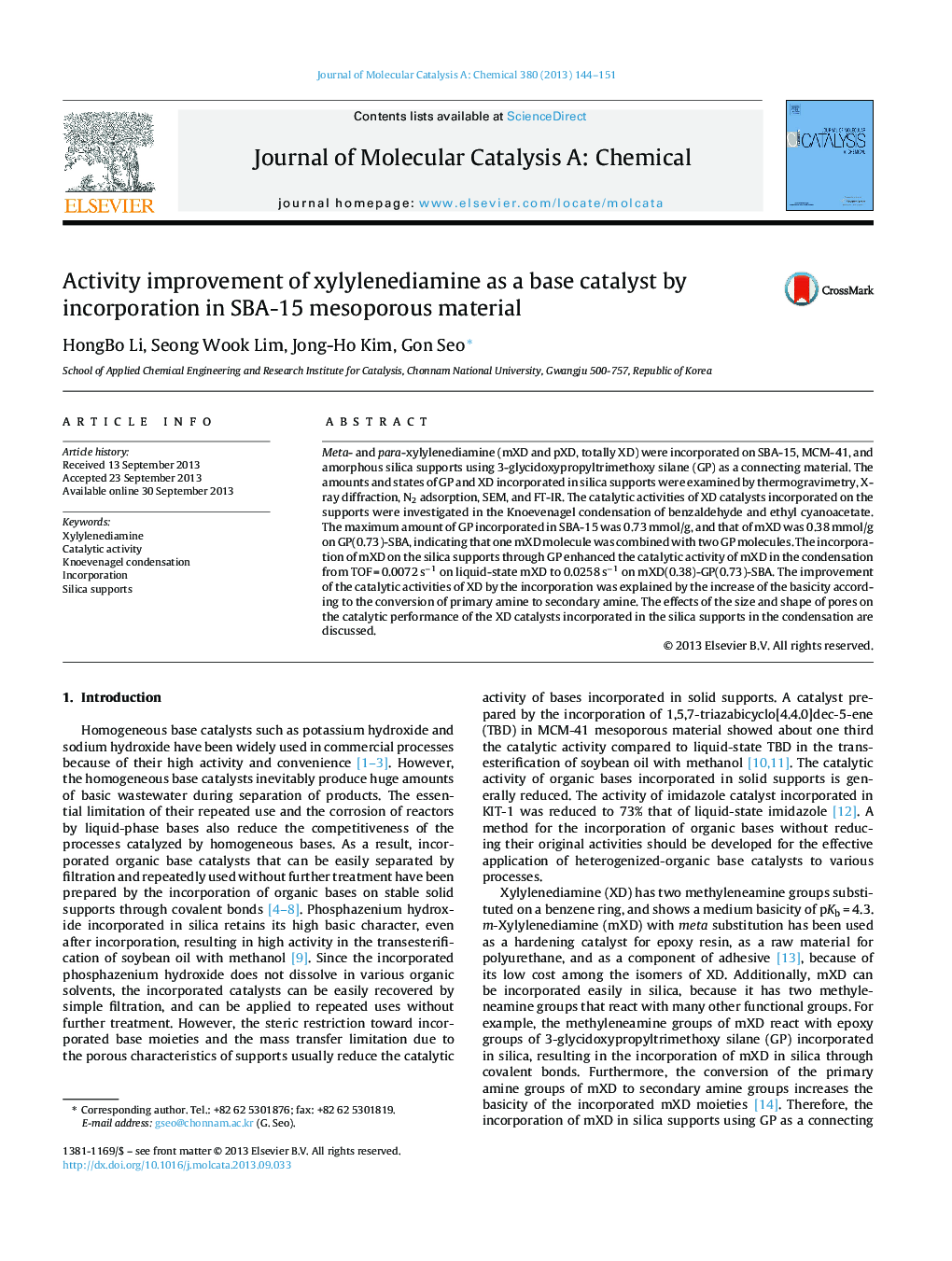 Activity improvement of xylylenediamine as a base catalyst by incorporation in SBA-15 mesoporous material