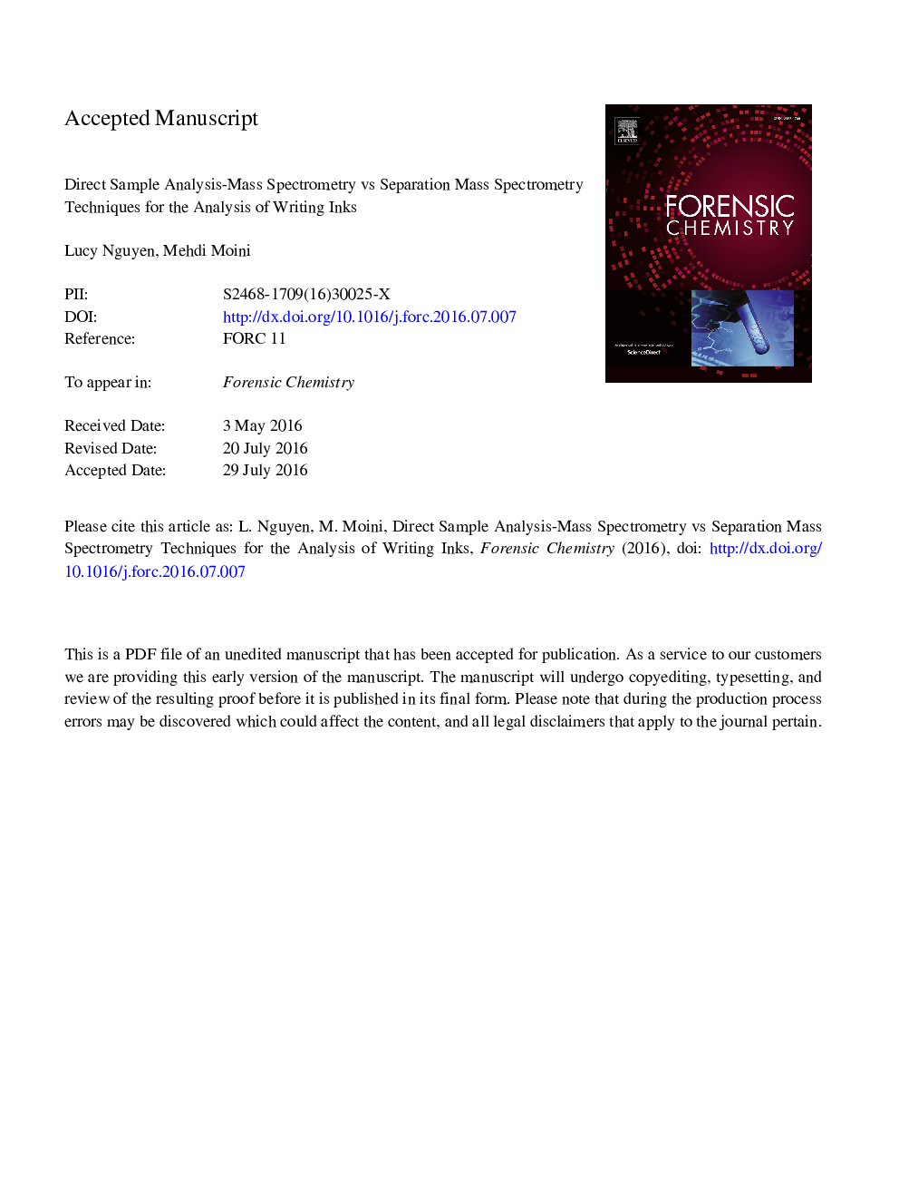 Direct sample analysis-mass spectrometry vs separation mass spectrometry techniques for the analysis of writing inks