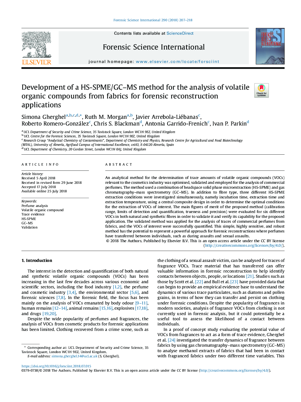 Development of a HS-SPME/GC-MS method for the analysis of volatile organic compounds from fabrics for forensic reconstruction applications