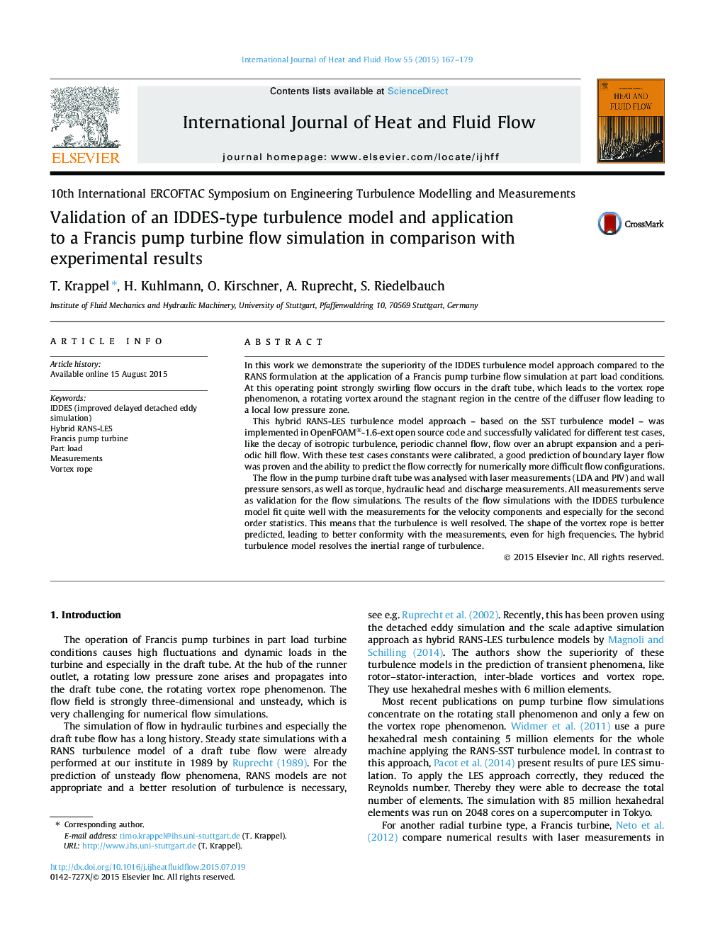 Validation of an IDDES-type turbulence model and application to a Francis pump turbine flow simulation in comparison with experimental results