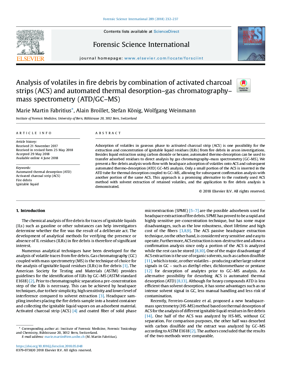 Analysis of volatiles in fire debris by combination of activated charcoal strips (ACS) and automated thermal desorption-gas chromatography-mass spectrometry (ATD/GC-MS)