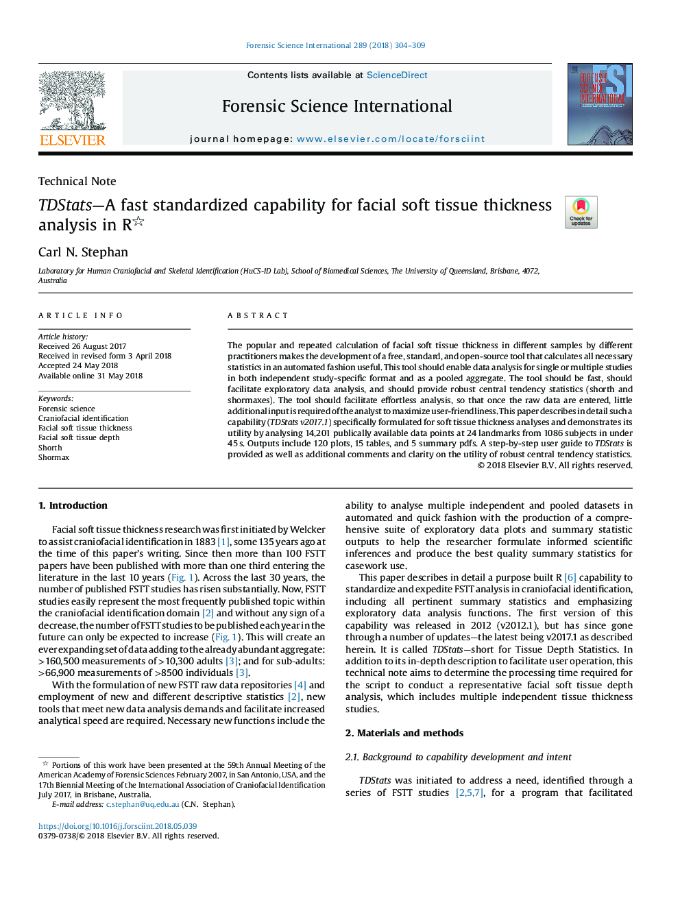 TDStats-A fast standardized capability for facial soft tissue thickness analysis in R