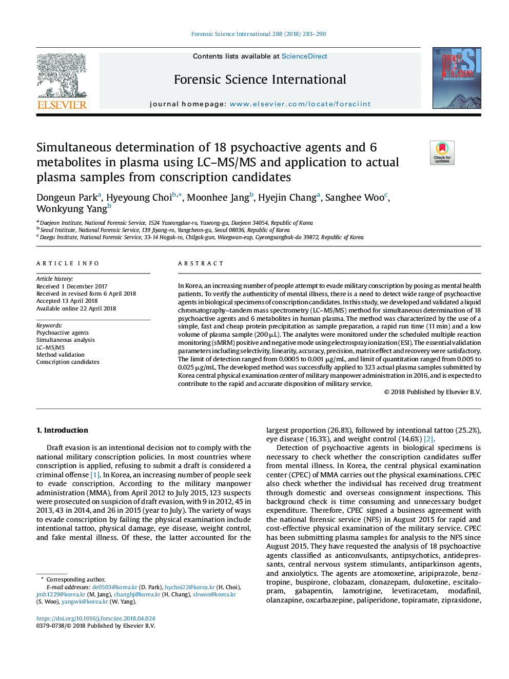 Simultaneous determination of 18 psychoactive agents and 6 metabolites in plasma using LC-MS/MS and application to actual plasma samples from conscription candidates