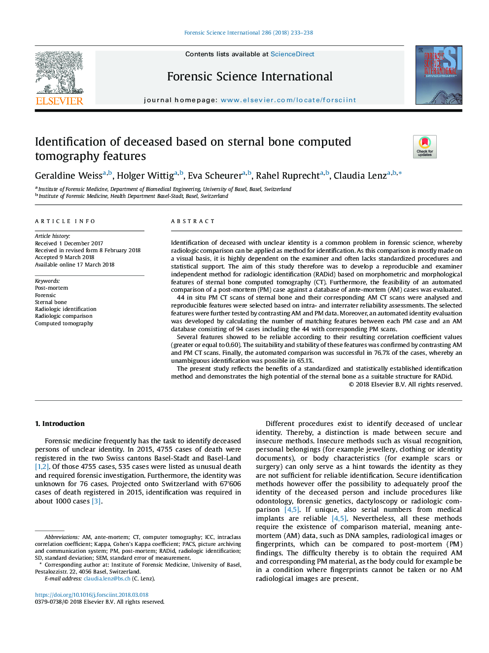 Identification of deceased based on sternal bone computed tomography features