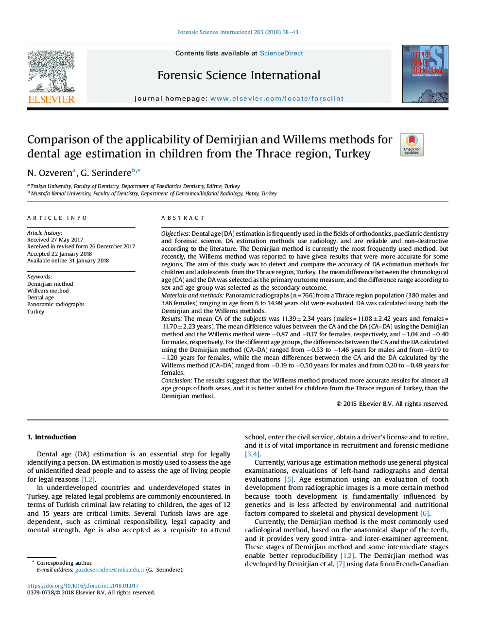 Comparison of the applicability of Demirjian and Willems methods for dental age estimation in children from the Thrace region, Turkey