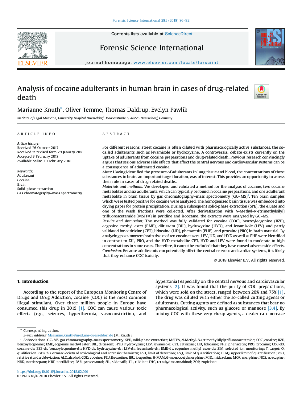 Analysis of cocaine adulterants in human brain in cases of drug-related death