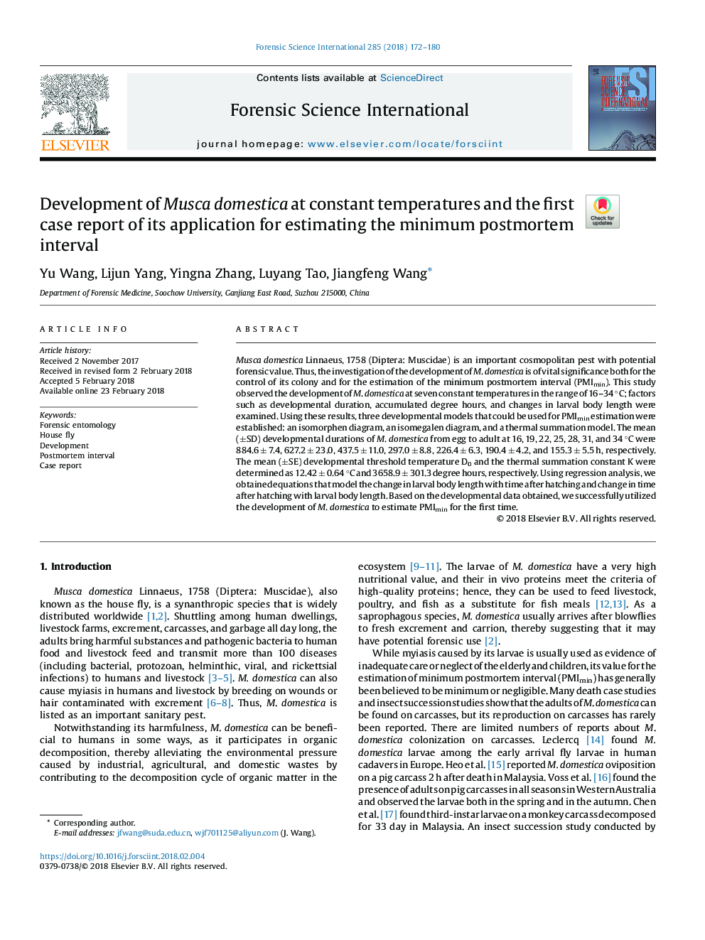 Development of Musca domestica at constant temperatures and the first case report of its application for estimating the minimum postmortem interval