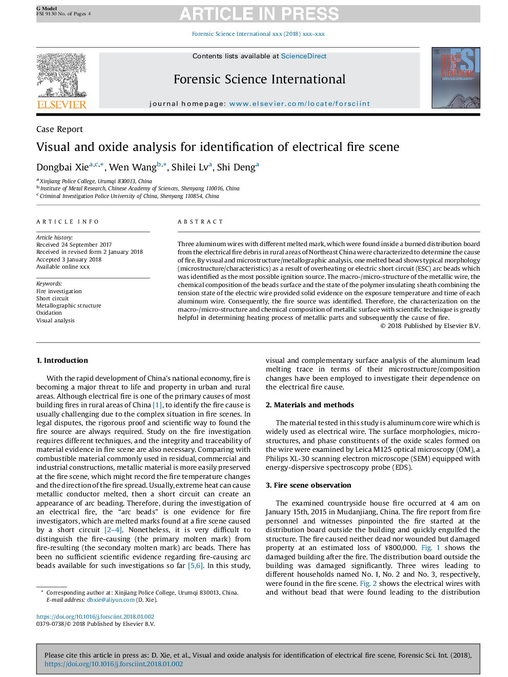 Visual and oxide analysis for identification of electrical fire scene