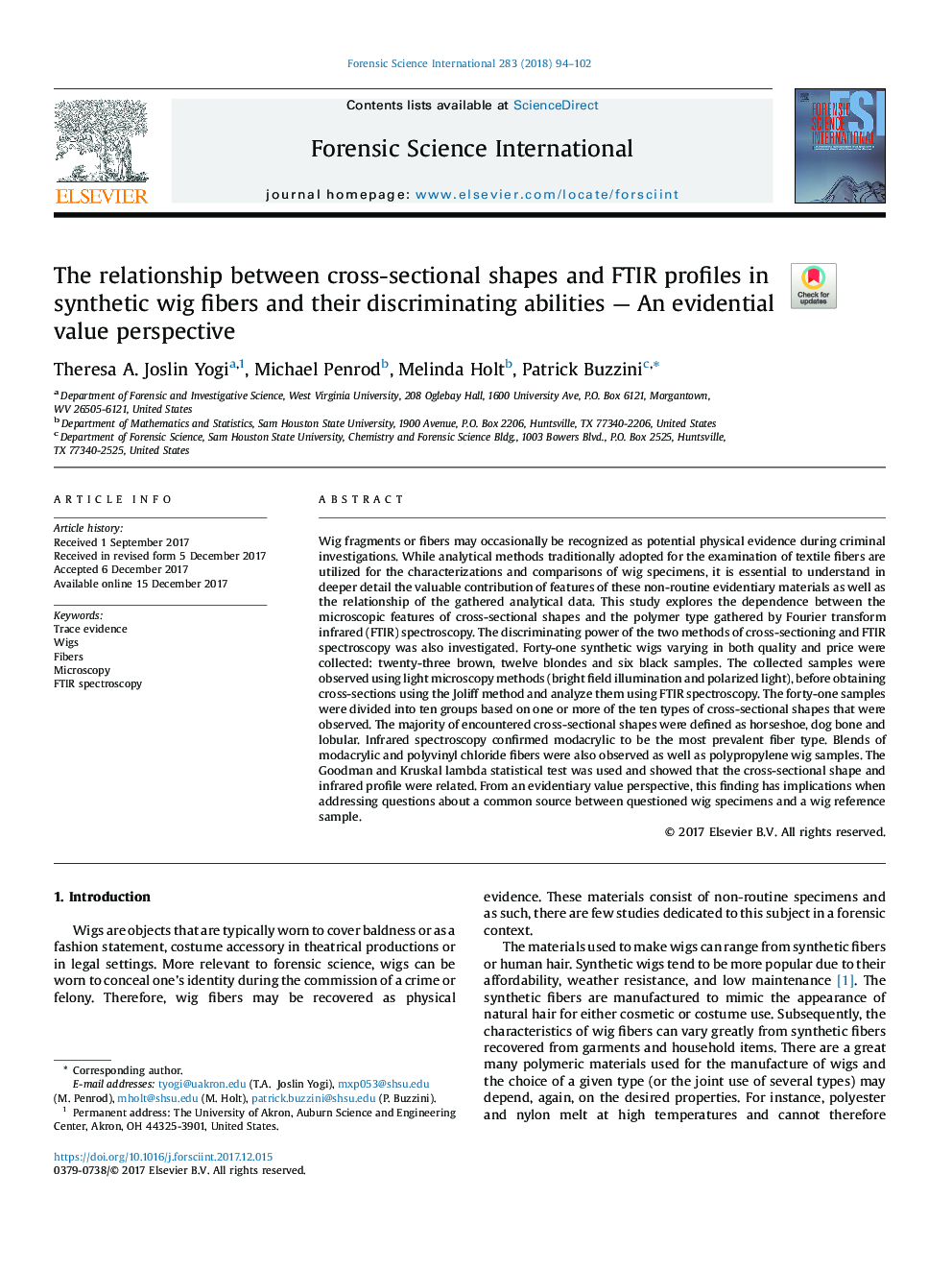 The relationship between cross-sectional shapes and FTIR profiles in synthetic wig fibers and their discriminating abilities - An evidential value perspective