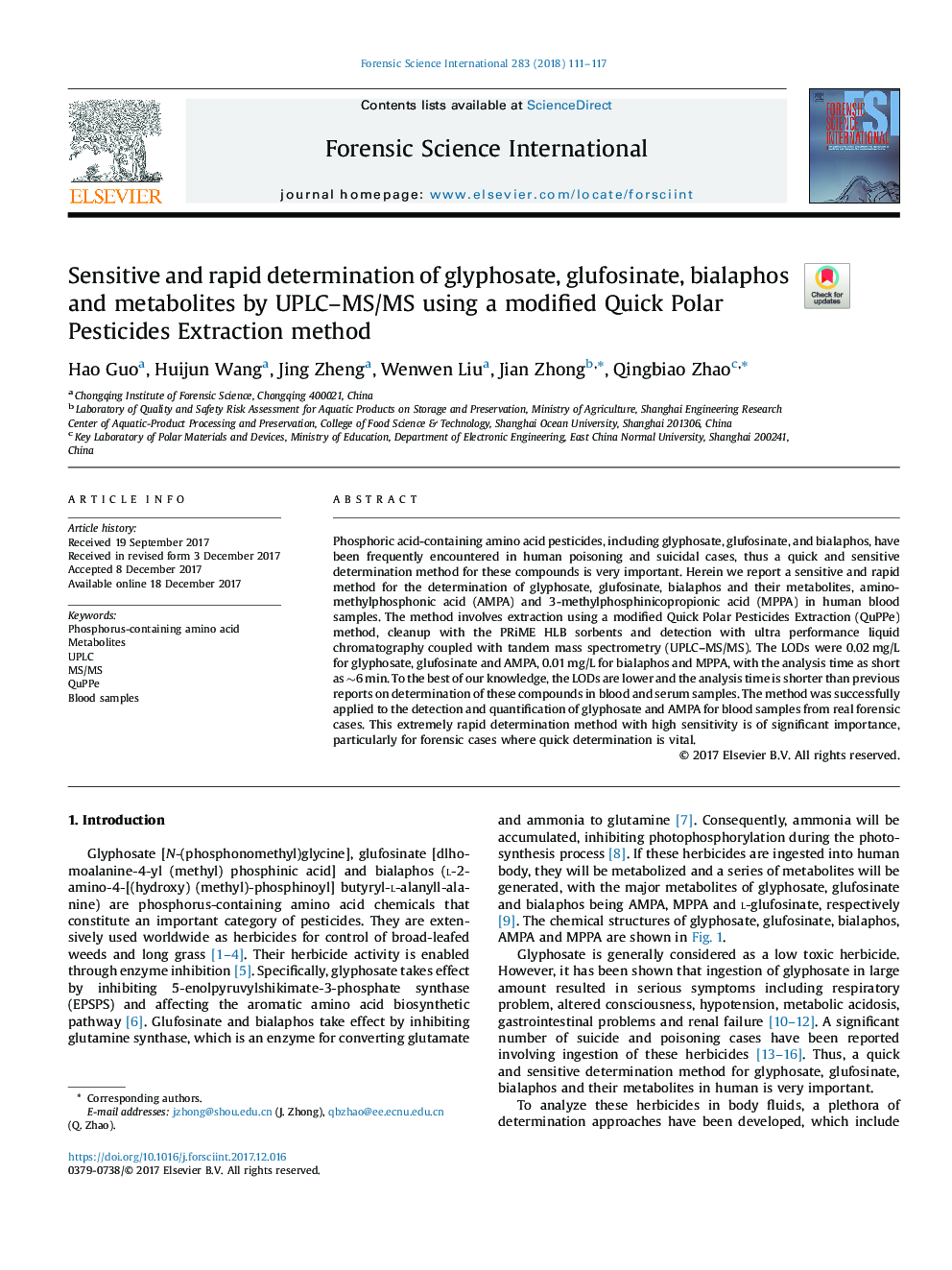 Sensitive and rapid determination of glyphosate, glufosinate, bialaphos and metabolites by UPLC-MS/MS using a modified Quick Polar Pesticides Extraction method