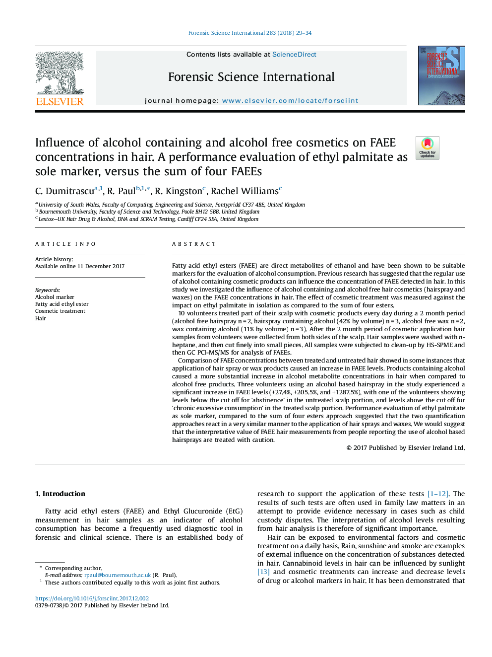 Influence of alcohol containing and alcohol free cosmetics on FAEE concentrations in hair. A performance evaluation of ethyl palmitate as sole marker, versus the sum of four FAEEs