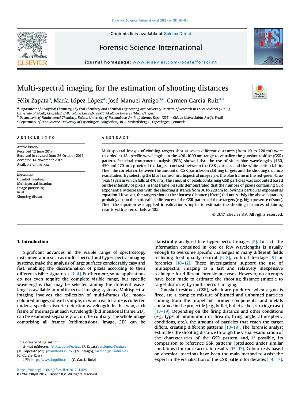 Multi-spectral imaging for the estimation of shooting distances
