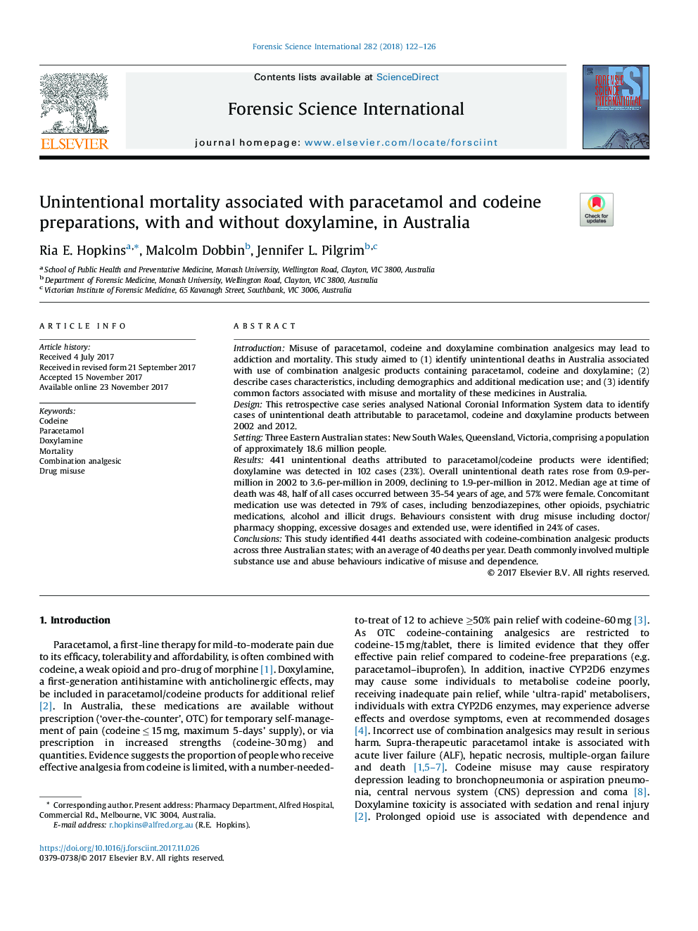 Unintentional mortality associated with paracetamol and codeine preparations, with and without doxylamine, in Australia