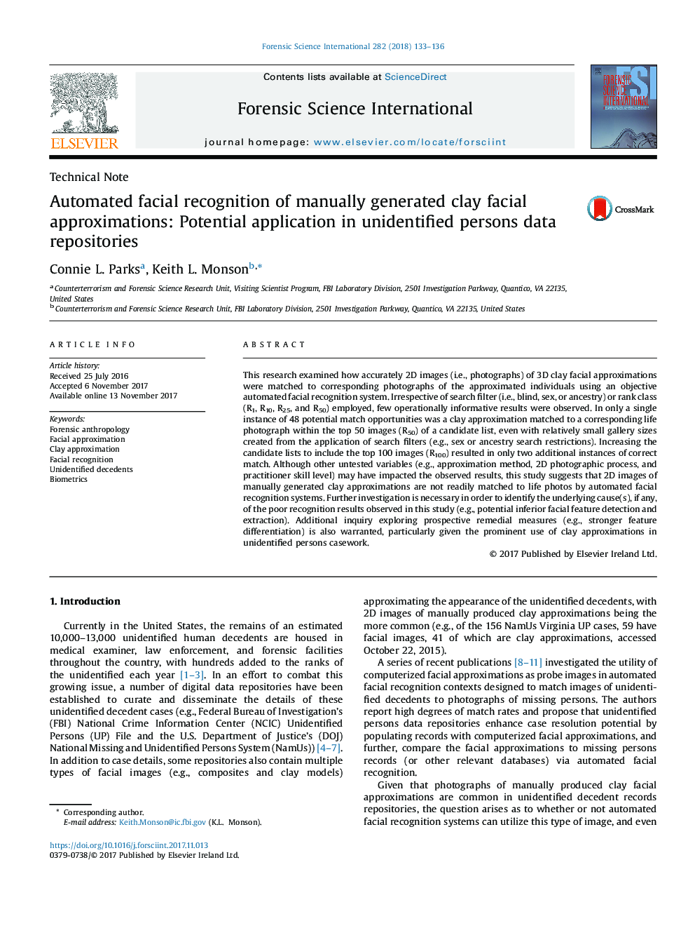 Automated facial recognition of manually generated clay facial approximations: Potential application in unidentified persons data repositories