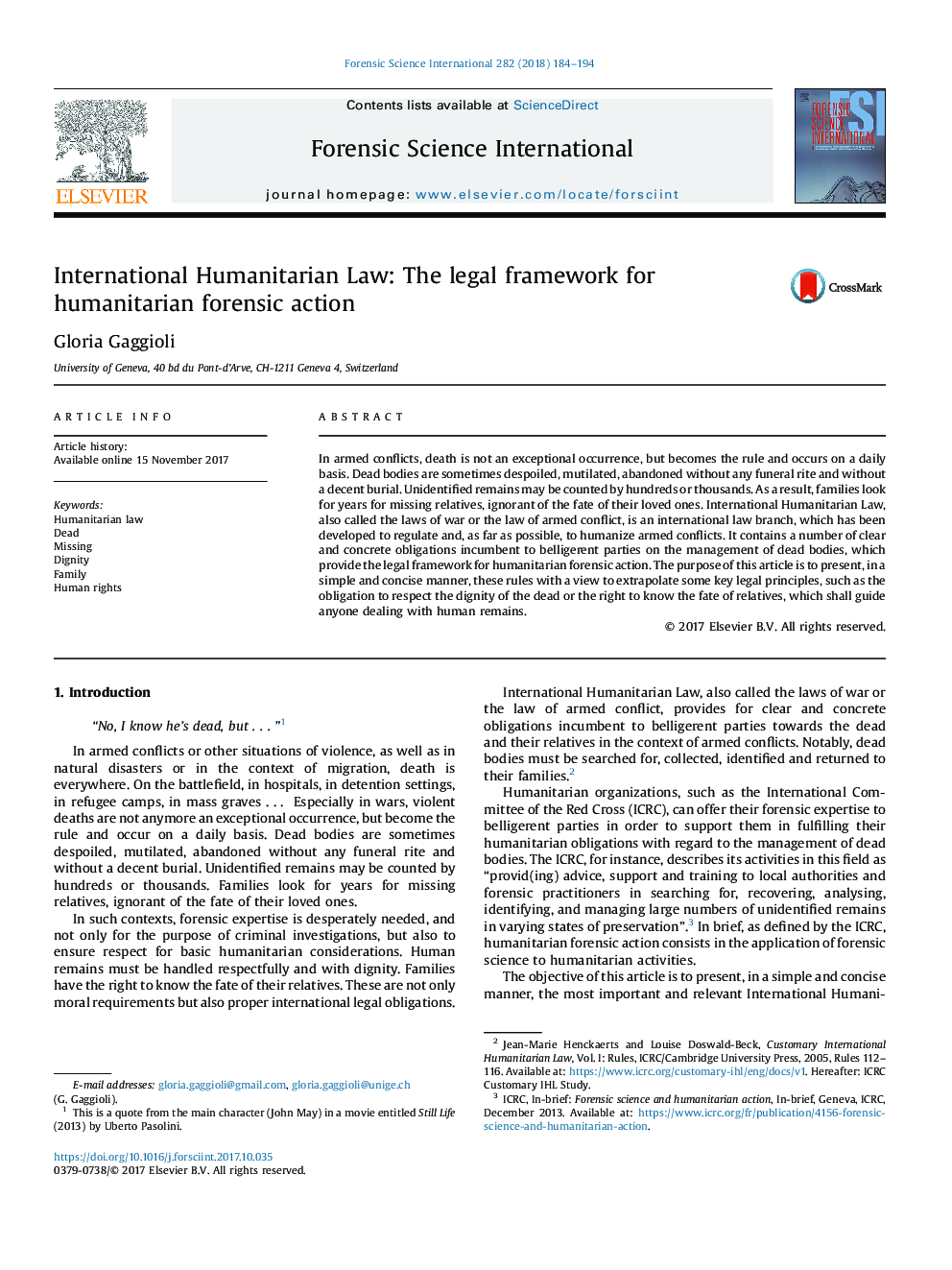 International Humanitarian Law: The legal framework for humanitarian forensic action